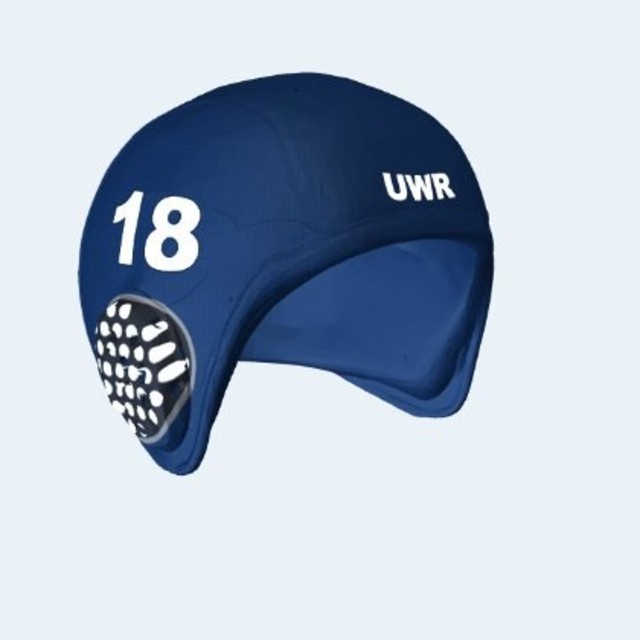 Gorro de rugby subacuático (UWR) personalizado con orejeras protectoras, número 18 y colores de equipo — render del modelo 3D real
